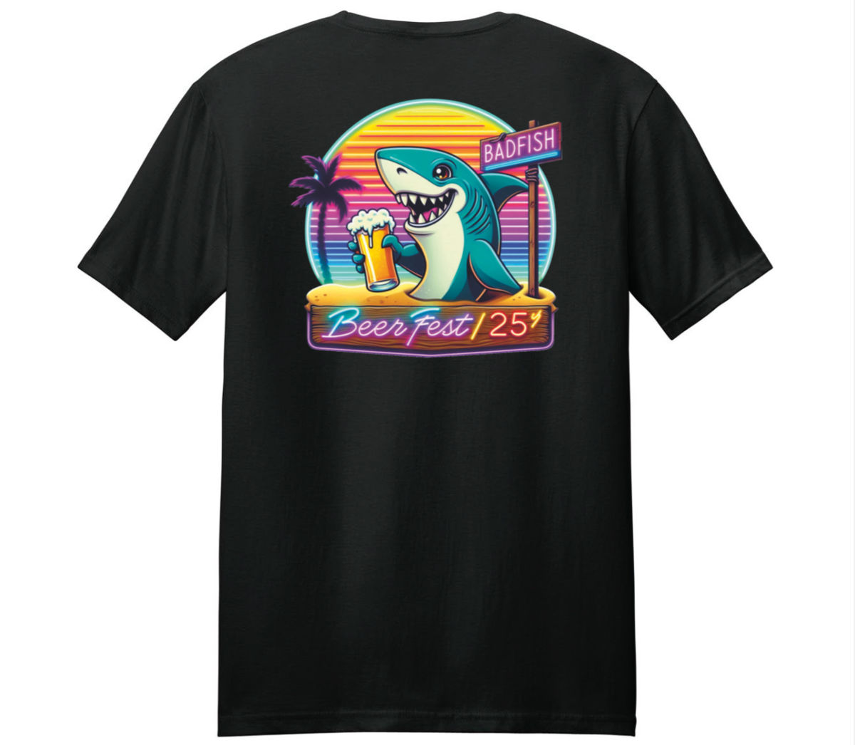 Black tee screen printed with a Badfish Beerfest shark graphic in sunset colors