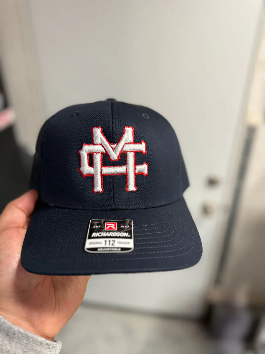 Navy cap embroidered with a red and white MC monogram