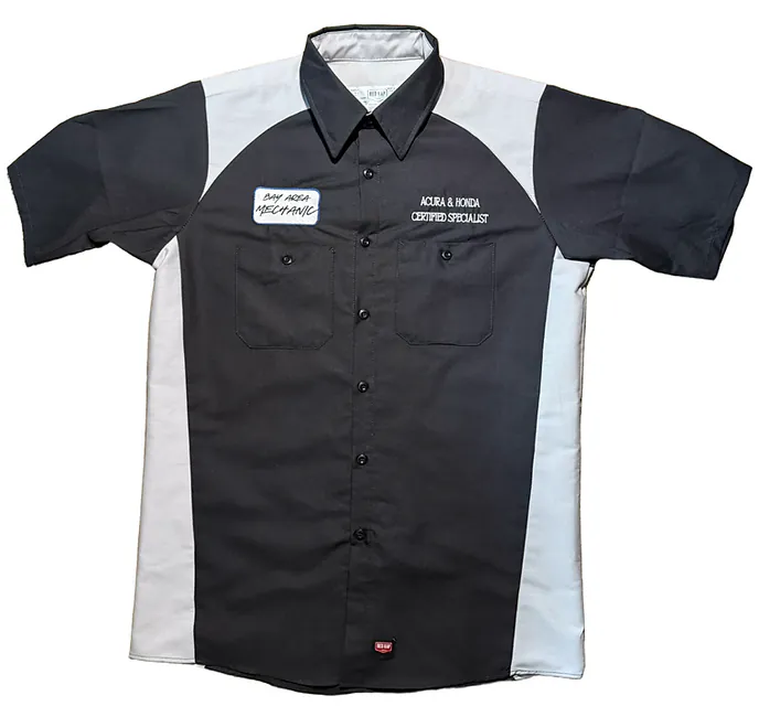 Two-tone work shirt with a "Bay Area Mechanic" patch and Acura & Honda Certified Specialist embroidery