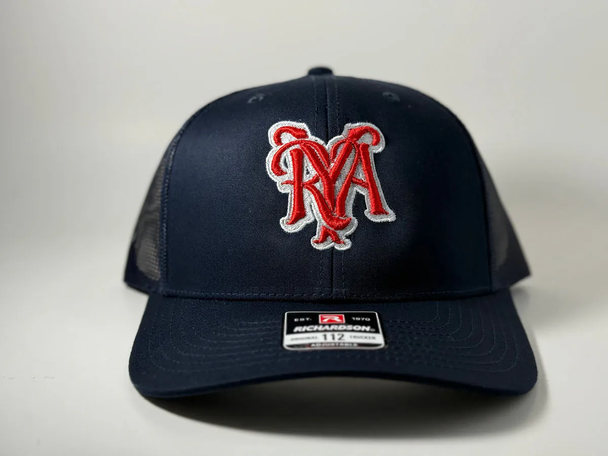 Navy trucker cap embroidered with a red MA monogram