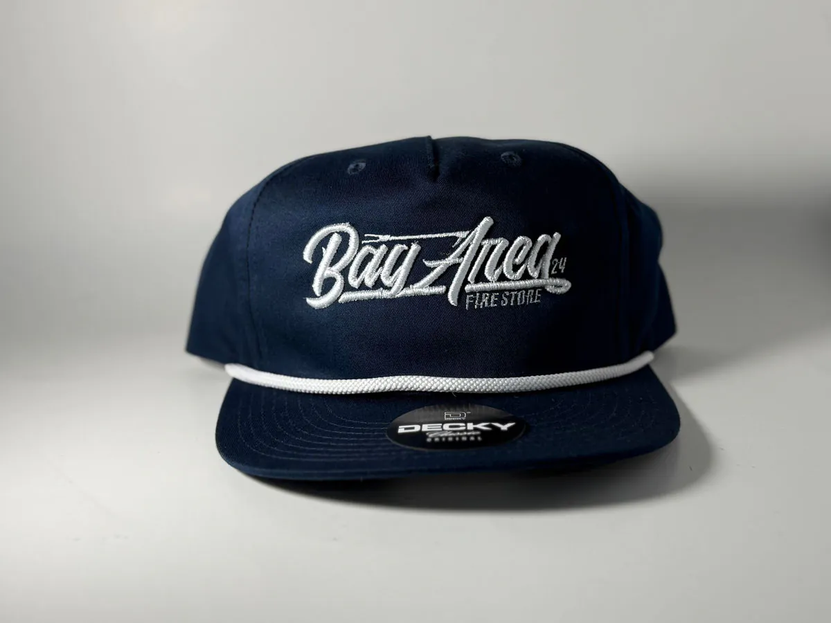 Navy rope cap with the Bay Area Fire Store script embroidered across the front