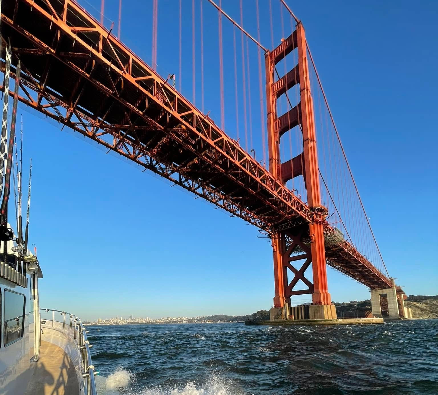 The Golden Gate Bridge from the water on a clear morning